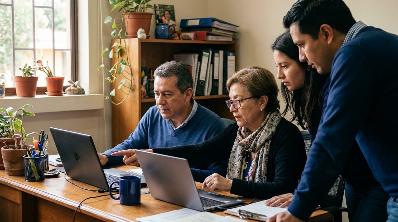 Colegas de una empresa costarricense revisando juntos un proceso administrativo en su oficina