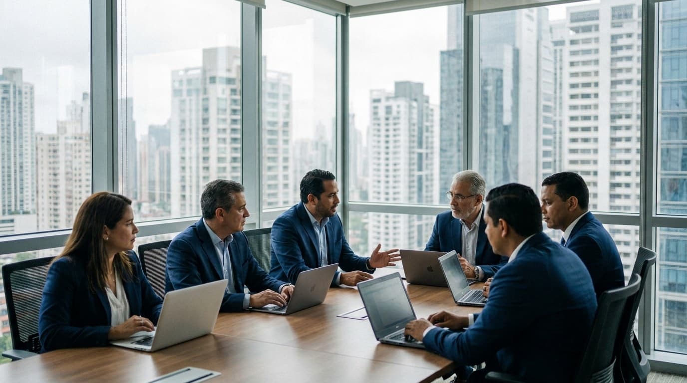 Equipo de una empresa con operación regional trabajando en una sala de reuniones en Ciudad de Panamá