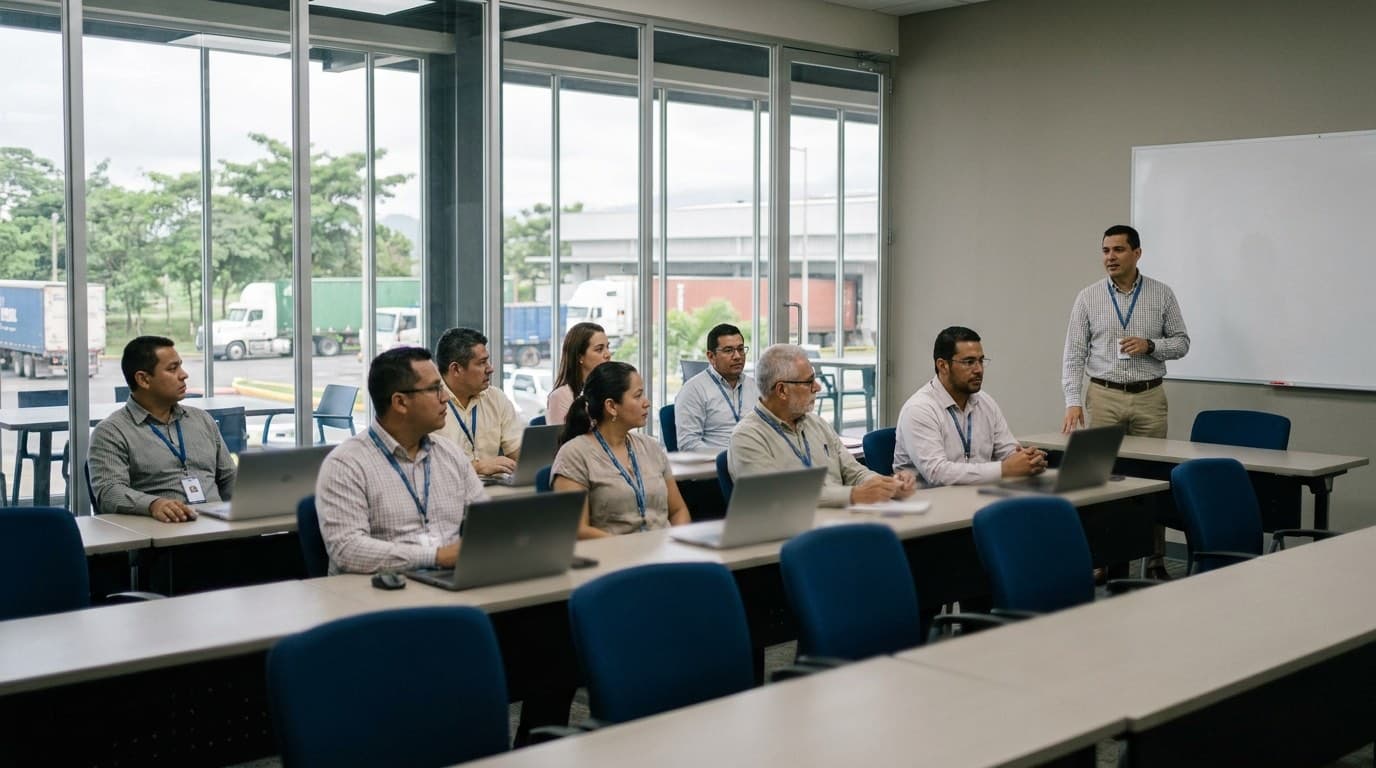 Equipo de una empresa de zona franca durante una jornada de capacitación, con el parque industrial al fondo